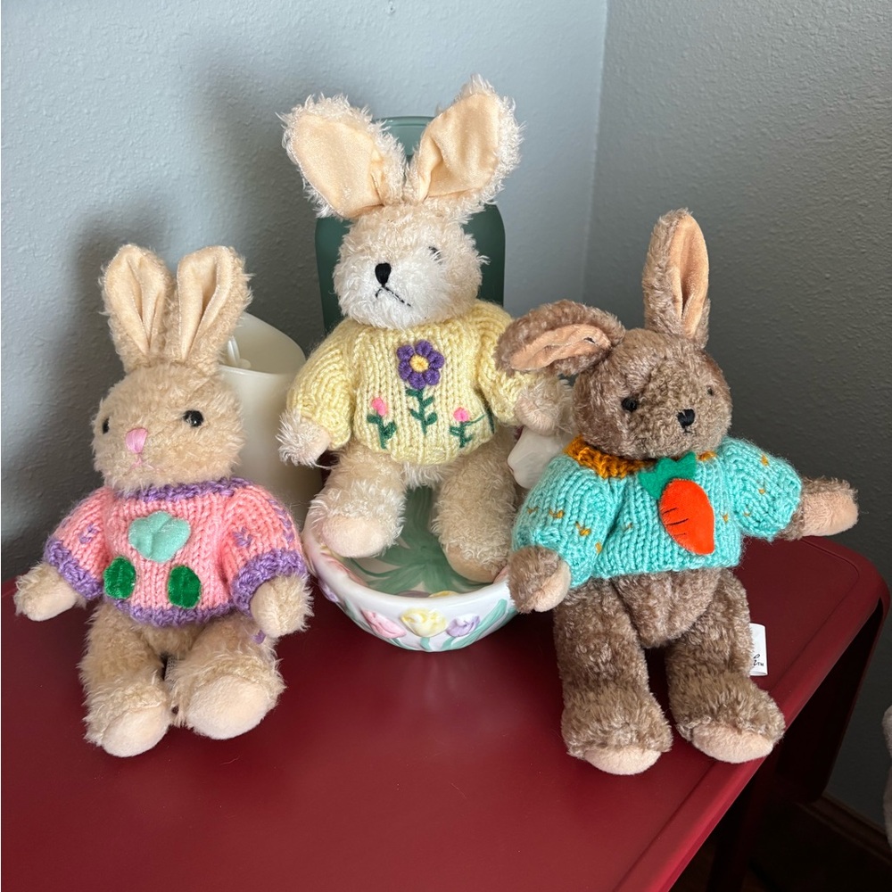 Vintage 1988 Chrisha Playful Plush Bunny Trio with Colorful Sweaters Posable